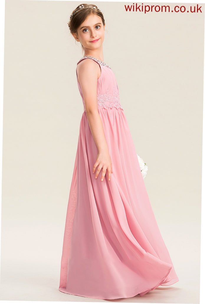 Sequins Neck Heidy Beading With Lace Scoop Floor-Length A-Line Ruffle Junior Bridesmaid Dresses Chiffon