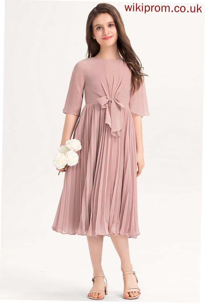 Pleated Knee-Length With Junior Bridesmaid Dresses Scoop A-Line Bow(s) Chiffon Aisha Neck