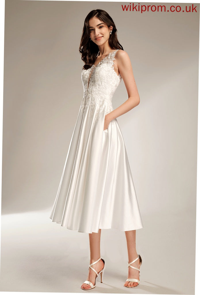 Tea-Length Wedding Wedding Dresses Guadalupe With A-Line Dress Satin Lace V-neck Pockets