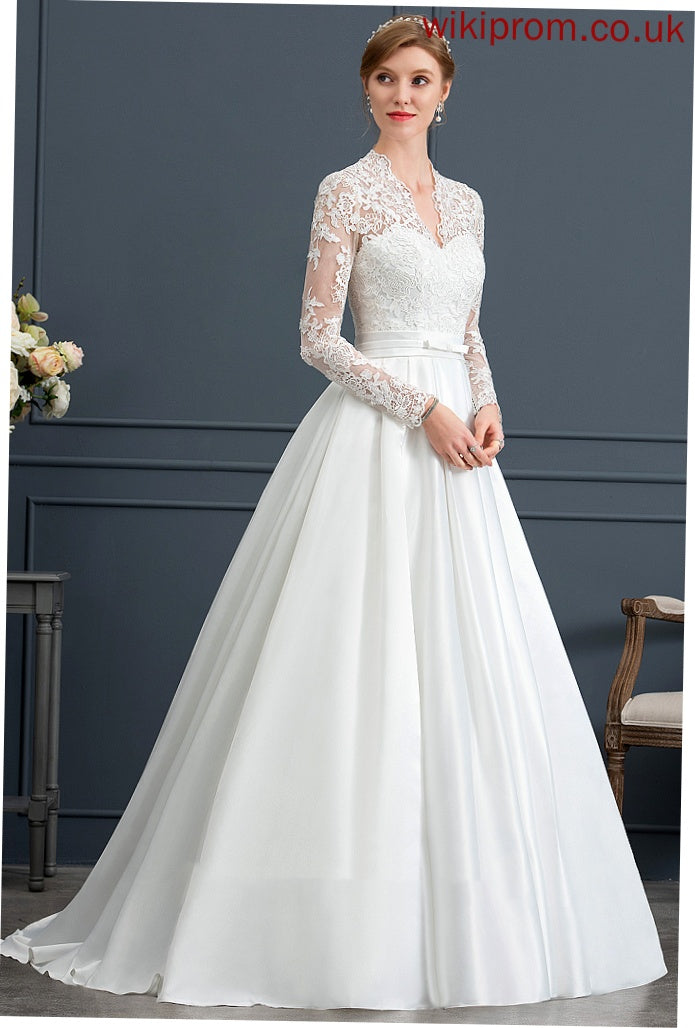 Wedding Dresses Lace Bow(s) Courtney Court Ball-Gown/Princess V-neck With Wedding Train Satin Dress