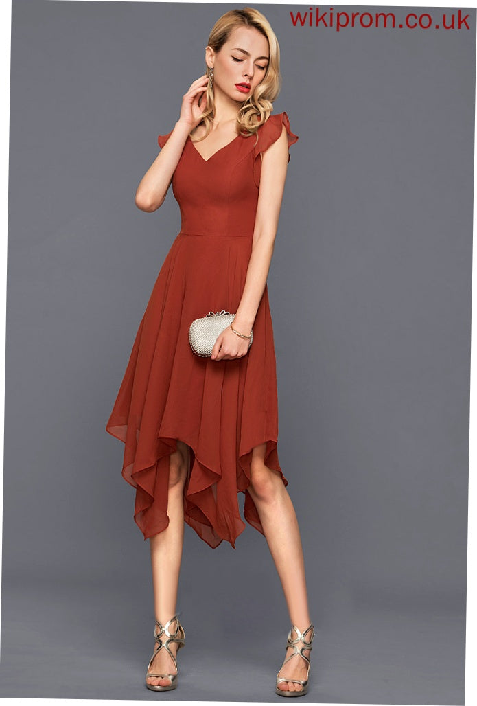 A-Line Holly V-neck With Ruffles Asymmetrical Cascading Cocktail Dresses Dress Chiffon Cocktail