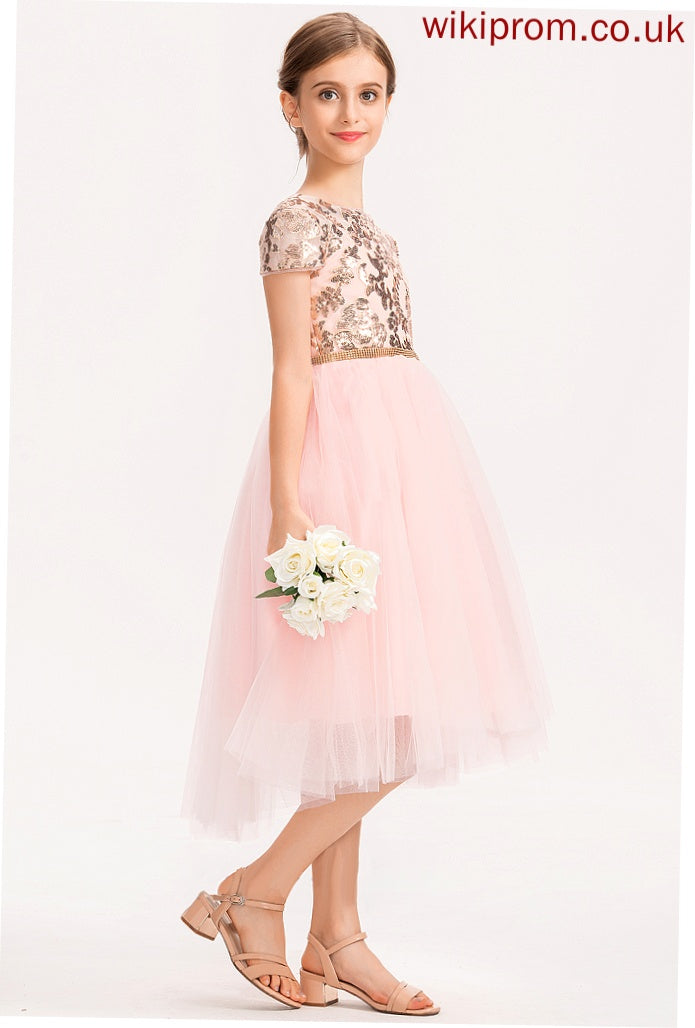 Tulle With Asymmetrical Sequins Neck Junior Bridesmaid Dresses A-Line Scoop Madisyn