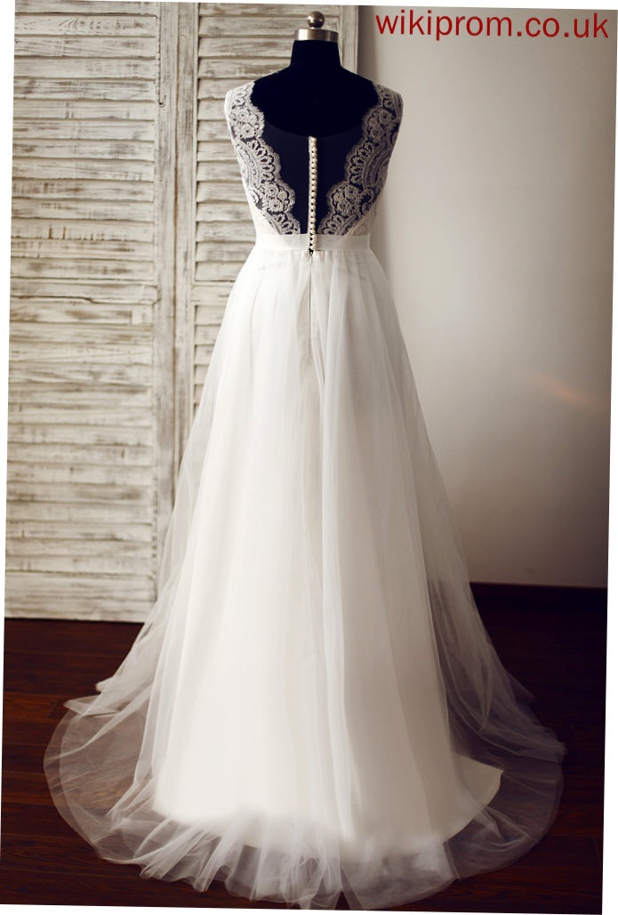 Tulle Wedding Dresses Dress Lea V-neck Lace Wedding A-Line Sweep Train