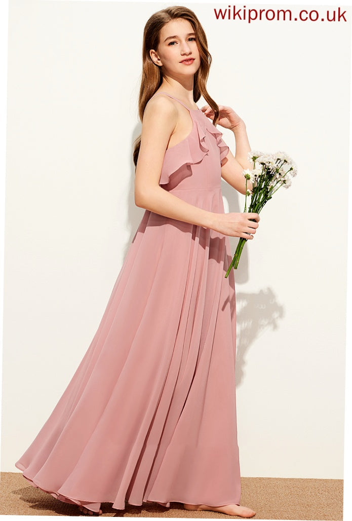 Neckline Alexis A-Line Ruffles With Floor-Length Chiffon Square Cascading Junior Bridesmaid Dresses