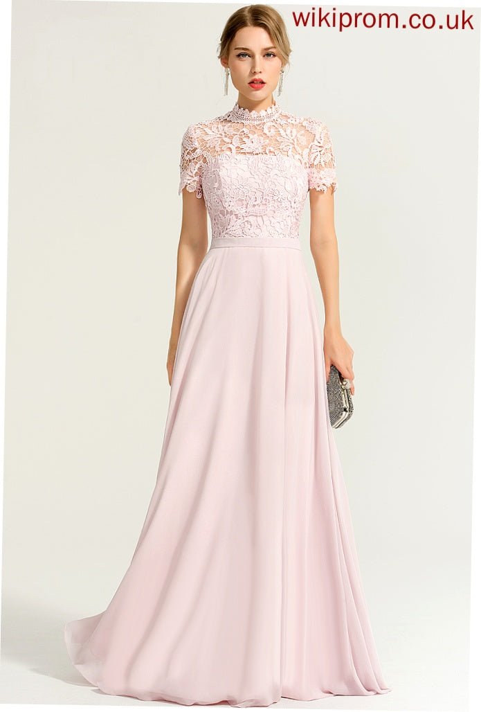 Chiffon Lace Floor-Length Yasmine Prom Dresses Neck High A-Line Illusion