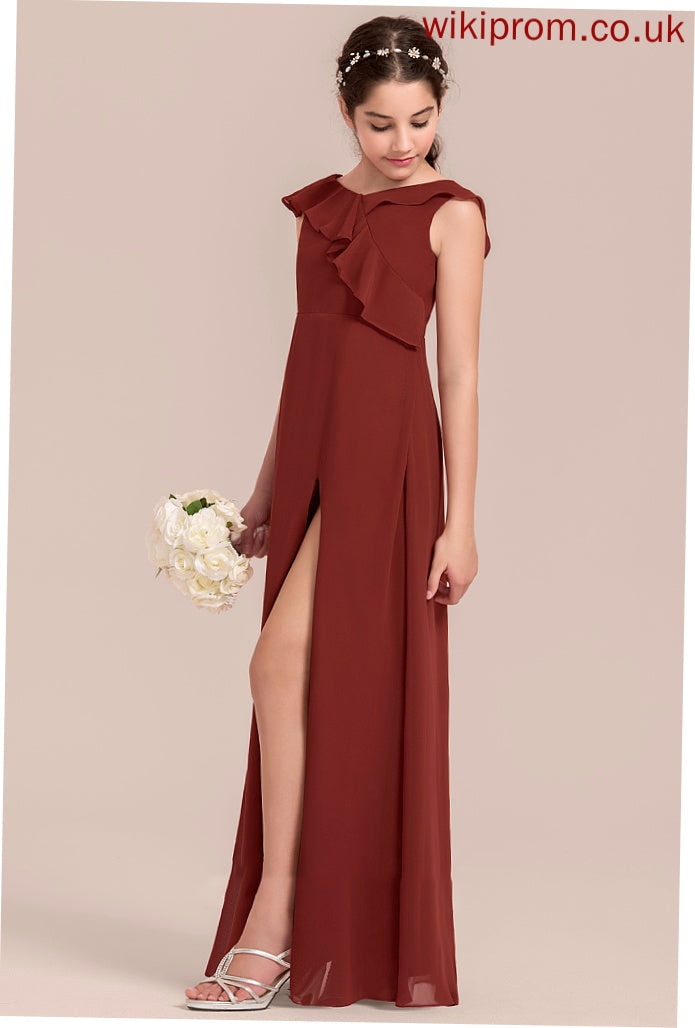 Chiffon V-neck Floor-Length Split Ruffles A-Line Cascading With Madeleine Junior Bridesmaid Dresses Front