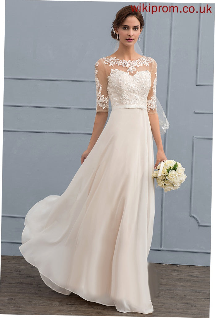 Bow(s) Dress Beading Litzy Lace With A-Line Chiffon Wedding Dresses Illusion Wedding Floor-Length Sequins