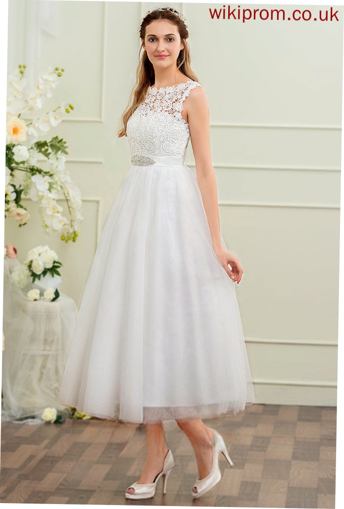 Lace Dress Tulle Makenzie Sequins Satin With Beading Tea-Length Ball-Gown/Princess Wedding Wedding Dresses