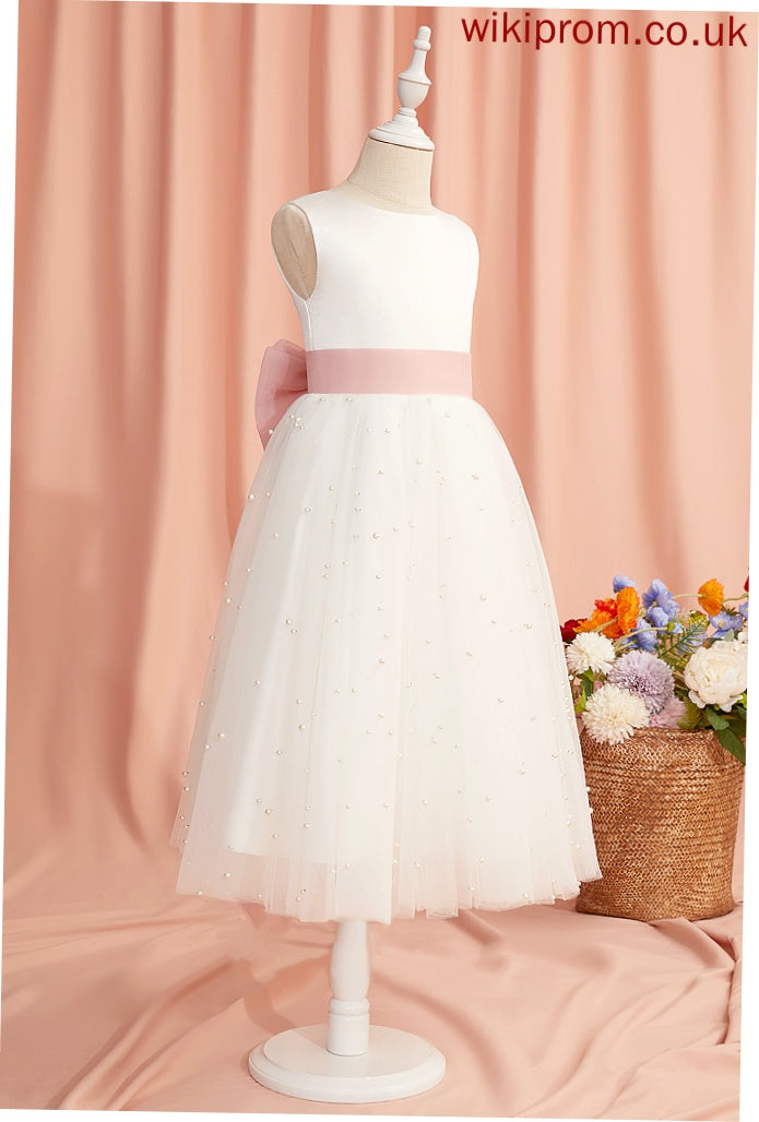 Dress Back - Satin/Tulle Cassidy Tea-length Neck Flower Girl Sleeveless Scoop Flower Girl Dresses With Sash/Bow(s)/V A-Line