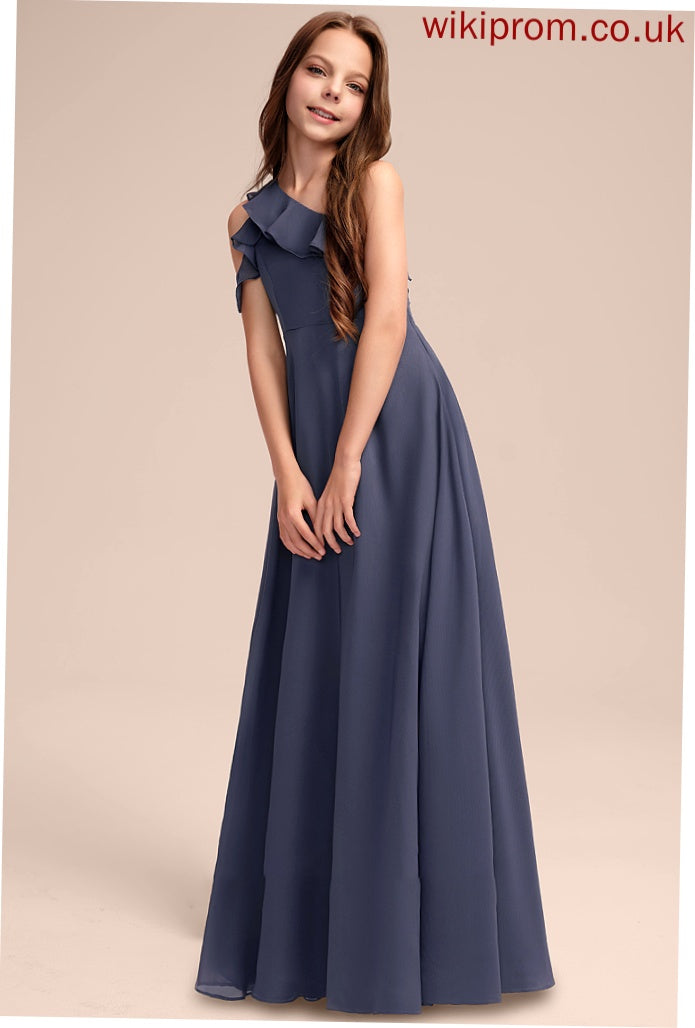 Ruffles With Floor-Length Junior Bridesmaid Dresses A-Line Cascading One-Shoulder Chiffon Sloane