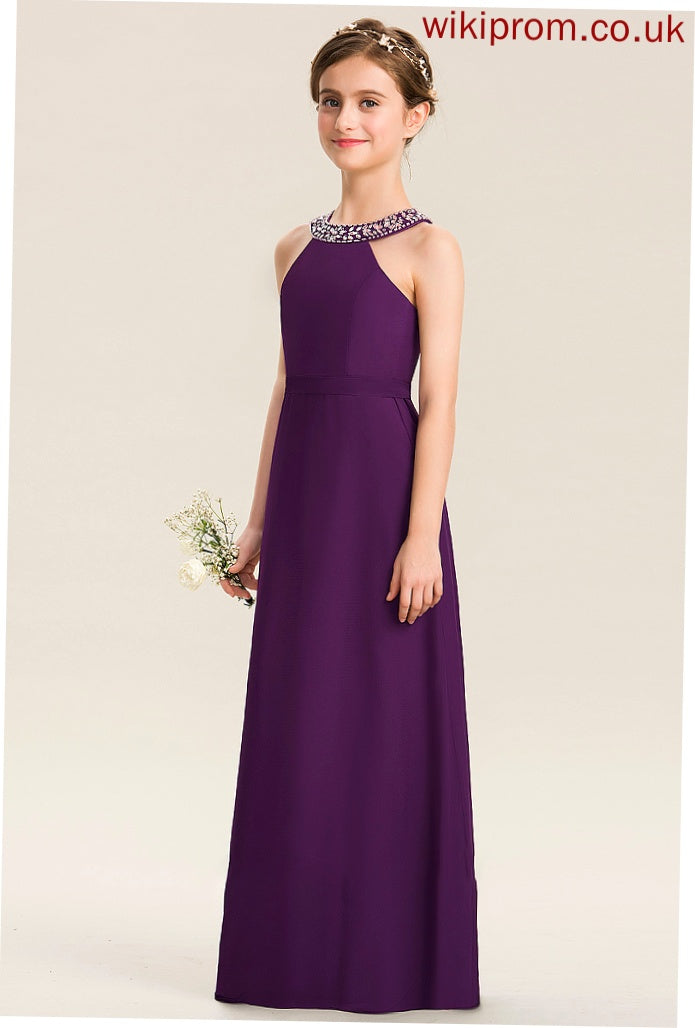 Floor-Length Beading A-Line With Scoop Hazel Neck Bow(s) Chiffon Junior Bridesmaid Dresses