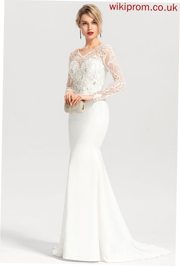 Beading Sweep Stretch Crepe With Wedding Trumpet/Mermaid Dress Train Sequins Lace Wedding Dresses V-neck Alexis