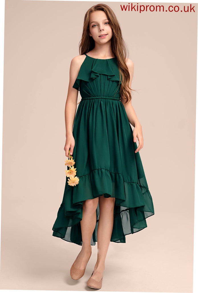 Asymmetrical Chiffon Cascading Neck Ruffles Junior Bridesmaid Dresses Margaret Scoop With A-Line