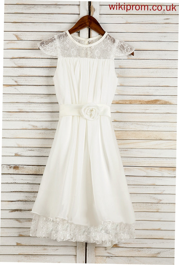 Lace/Flower(s) A-Line With Flower Dress - Tea-length Girl Madeline Neck Sleeveless Chiffon Flower Girl Dresses Scoop