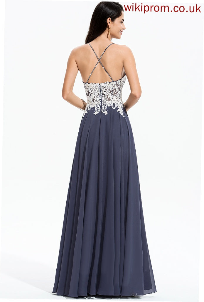 With Aliza Sequins Floor-Length Beading A-Line Chiffon Prom Dresses V-neck