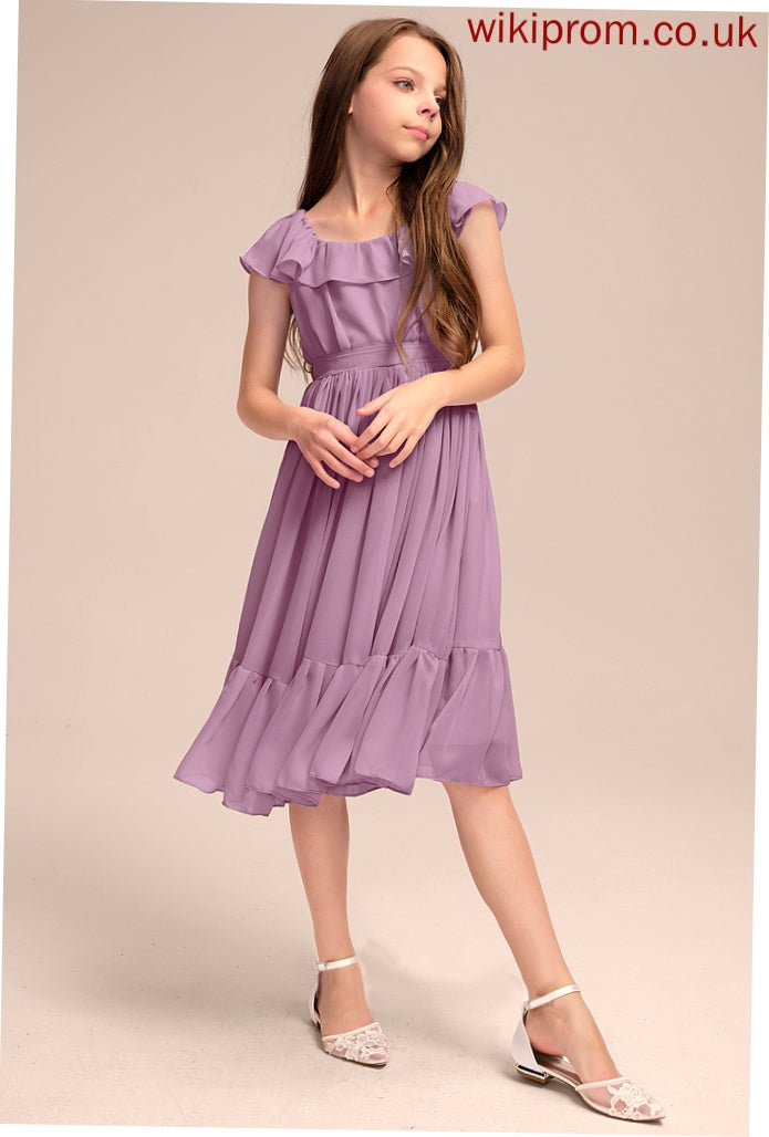 Bow(s) Scoop Ruffles A-Line Chiffon Neck Knee-Length Cascading Junior Bridesmaid Dresses Ashlynn With