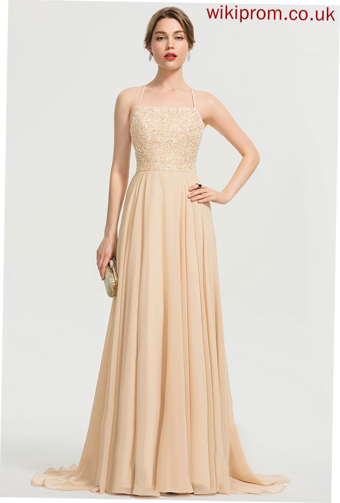 Square Train Sequins With Chiffon A-Line Gabrielle Beading Sweep Prom Dresses