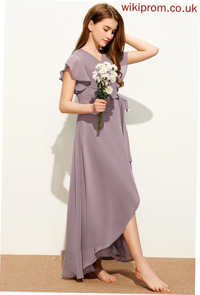 A-Line Junior Bridesmaid Dresses Regina V-neck Bow(s) Asymmetrical Chiffon With Ruffle