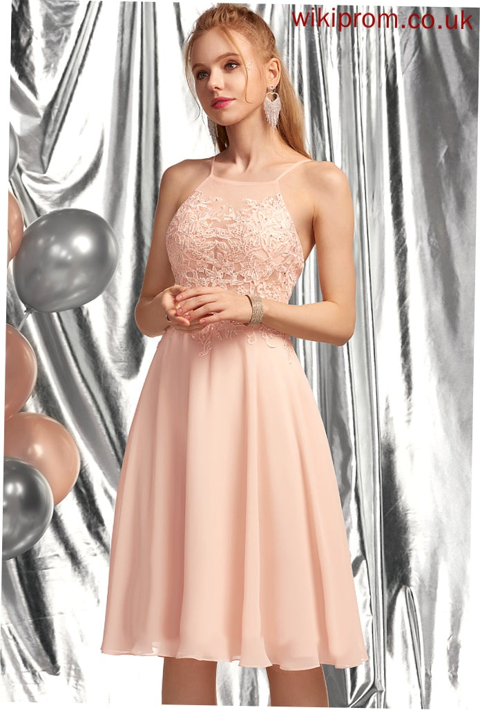 Ainsley Scoop Homecoming Dresses Homecoming Dress Knee-Length Lace A-Line With Chiffon Neck Beading