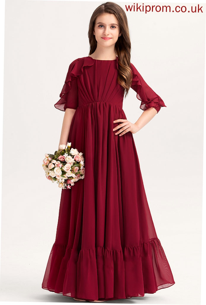 Junior Bridesmaid Dresses Chiffon Floor-Length Cascading Neck A-Line Julia Ruffles Scoop With