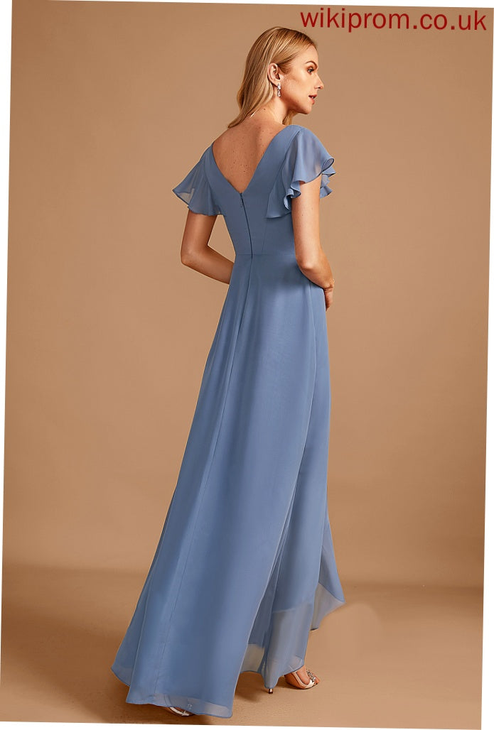 Ruffle Embellishment Neckline Silhouette A-Line V-neck SplitFront Fabric Length Asymmetrical Princess Sleeveless Bridesmaid Dresses