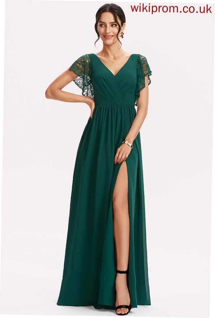 Length Silhouette Embellishment A-Line SplitFront Lace Fabric Floor-Length V-neck Neckline Charlize Bridesmaid Dresses