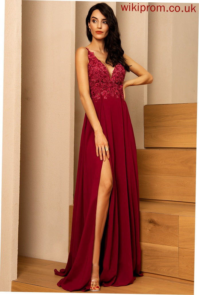 Prom Dresses A-Line With Kyla Floor-Length V-neck Sequins Chiffon Lace