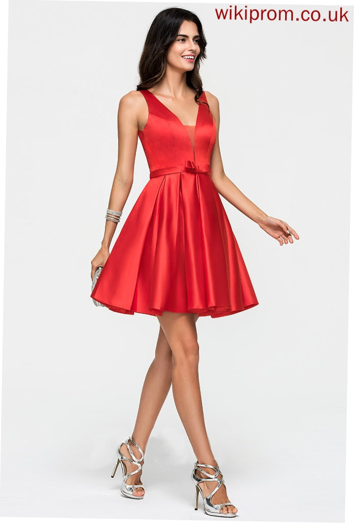 Satin Dress Bow(s) V-neck A-Line With Short/Mini Homecoming Homecoming Dresses Amira