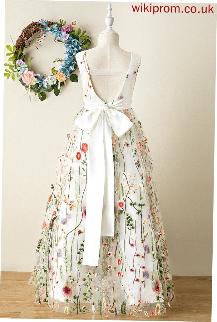 With - Girl V-neck Jacquard Flower Girl Dresses Phoenix Flower(s)/Bow(s) A-Line Flower Floor-length Dress Sleeveless