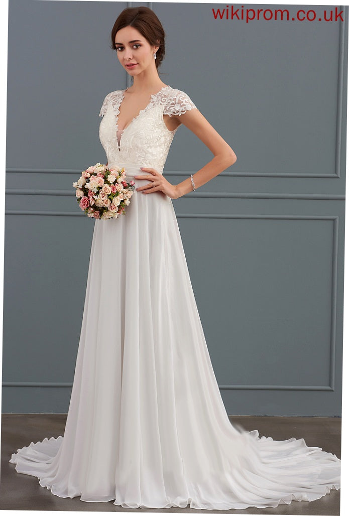 Wedding V-neck Chiffon Wedding Dresses Ruffle Lace A-Line Train With Dress Sweep Miley