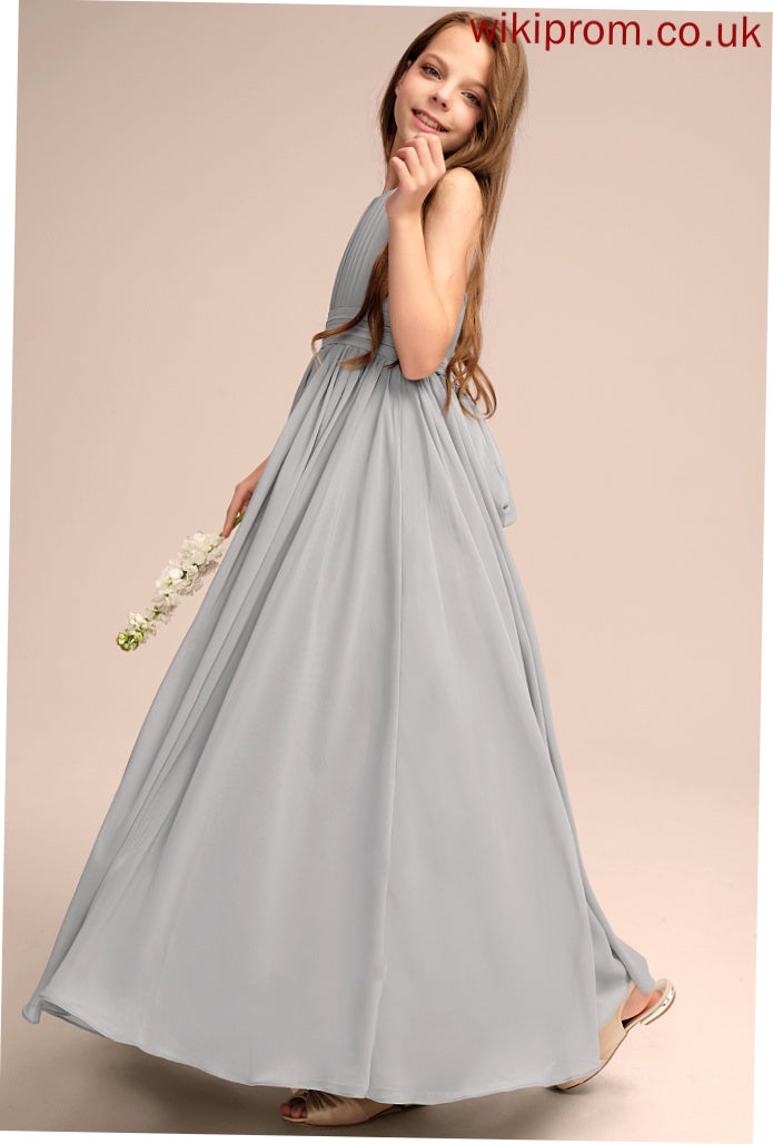 A-Line Ruffle With Junior Bridesmaid Dresses Bow(s) Neck Chiffon Scoop Jaylee Floor-Length