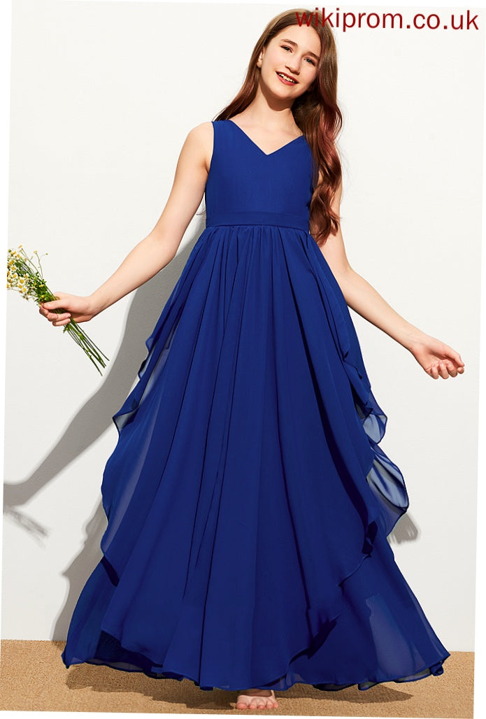 Floor-Length With Cascading Ruffles Chiffon A-Line V-neck Junior Bridesmaid Dresses Mira