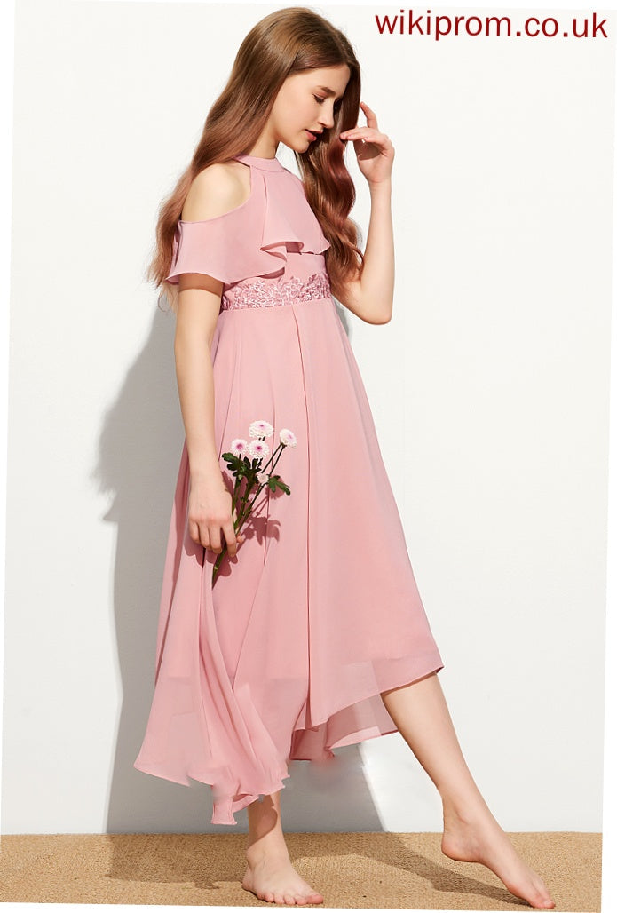 Junior Bridesmaid Dresses Lace A-Line Neck Scoop Nathaly Chiffon Tea-Length