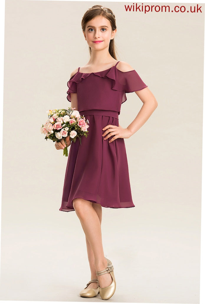 Off-the-Shoulder Junior Bridesmaid Dresses Chiffon Cascading With Knee-Length Bow(s) Ruffles Annika A-Line