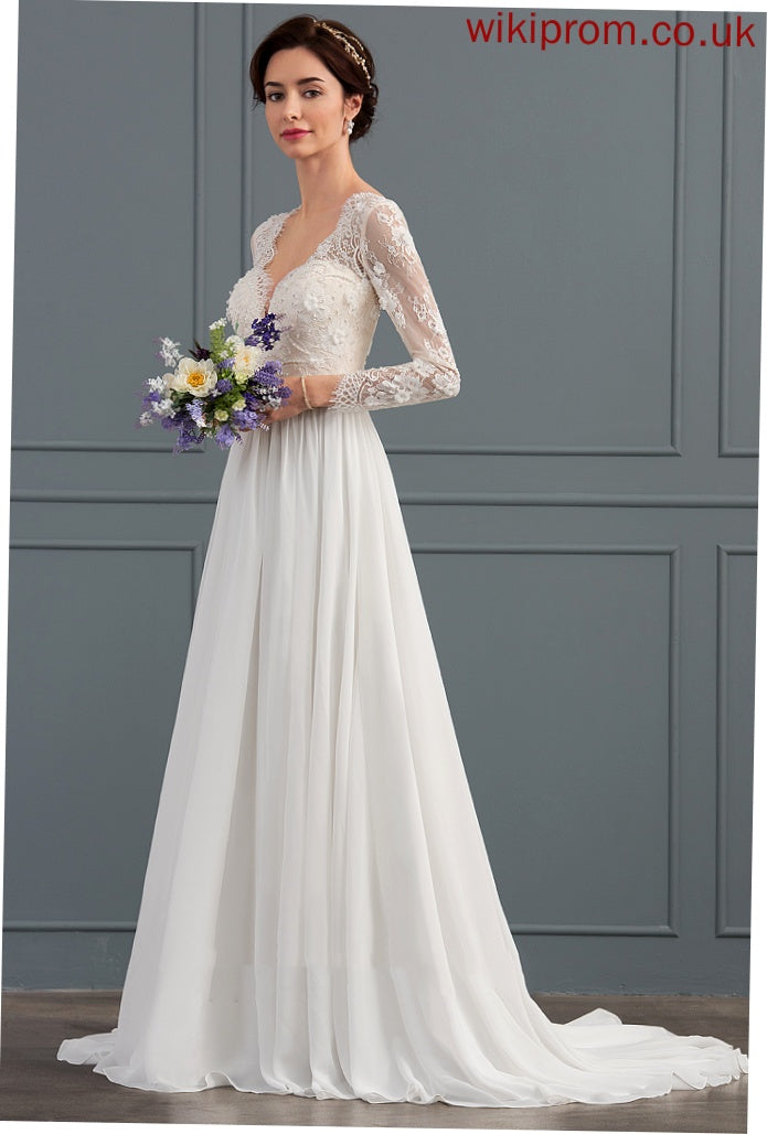 Chiffon Sweep A-Line Wedding Dresses Train V-neck Wedding Christine Sequins Beading Lace With Dress