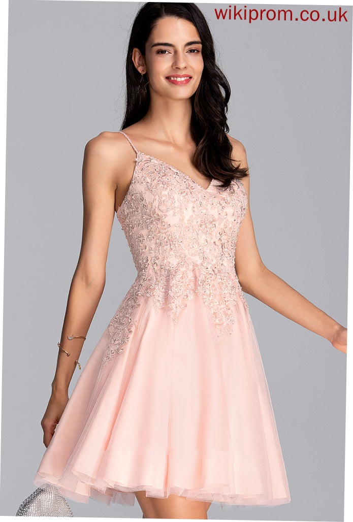 Dress With A-Line Homecoming Simone V-neck Beading Homecoming Dresses Lace Short/Mini Tulle