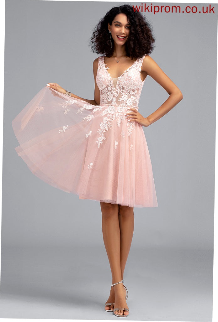 Knee-Length Mavis A-Line With Sequins Homecoming Dresses Homecoming Dress Tulle Beading Lace V-neck