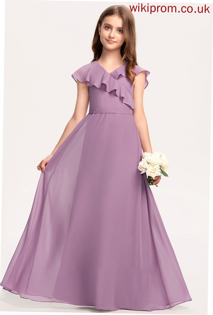 Junior Bridesmaid Dresses Cascading With V-neck Ruffles Chiffon A-Line Floor-Length Megan Bow(s)