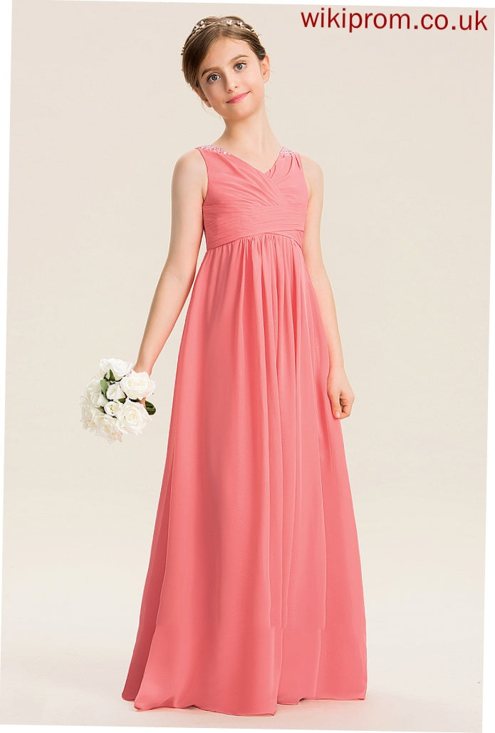 Jaylene EmpireV-neckFloor-LengthChiffonJuniorBridesmaidDressWithRuffleBeadingSequins#173291 Junior Bridesmaid Dresses