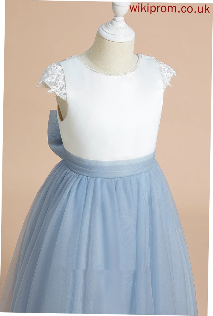 Neck Tea-length A-Line Elva Satin/Tulle Dress Sleeveless Girl - Scoop Flower Flower Girl Dresses With Lace/Bow(s)