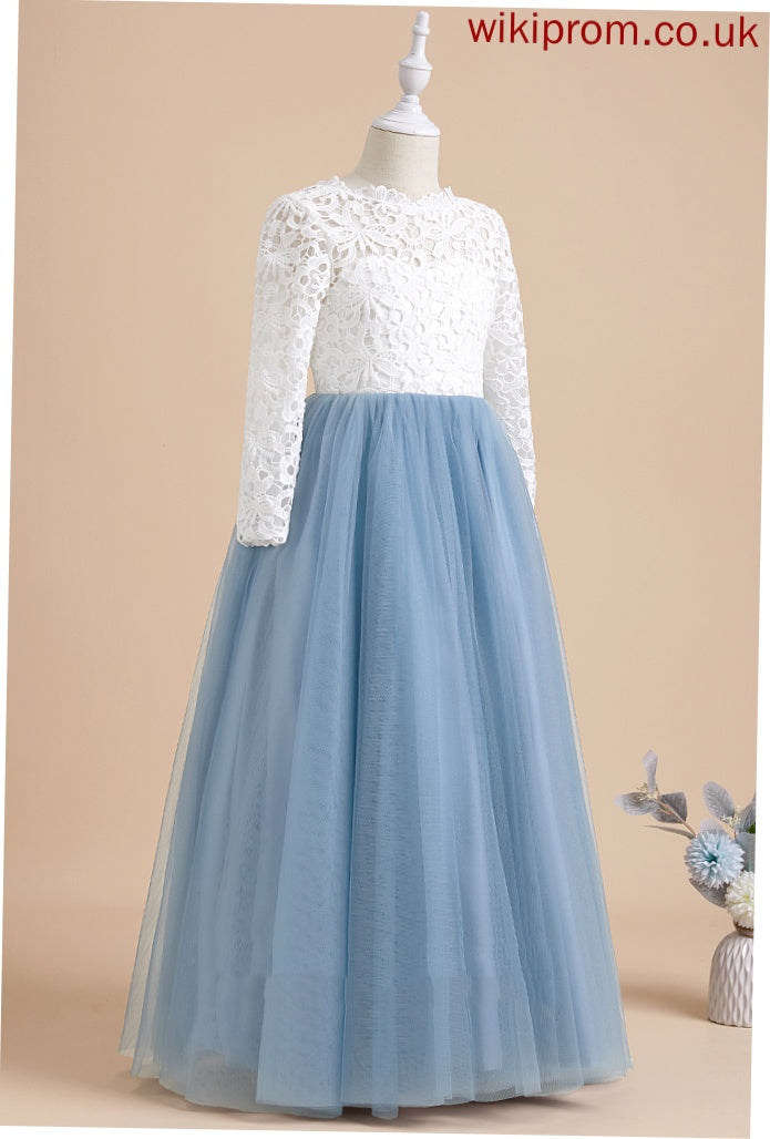 Tulle/Lace Bow(s)/V Floor-length Girl - Ball-Gown/Princess Flower Neck Flower Girl Dresses With Sleeves Back Scoop Long Dress Hannah