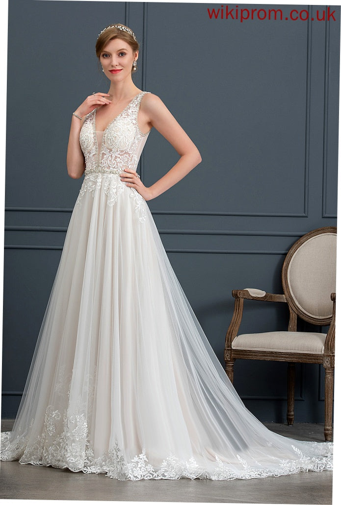 V-neck Court Sequins Dress With Wedding Wedding Dresses Tulle Beading Nora Train Lace Ball-Gown/Princess