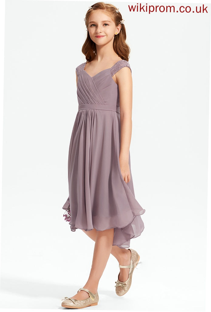 V-neck Knee-Length Junior Bridesmaid Dresses Elliana Lace With A-Line Chiffon Ruffle