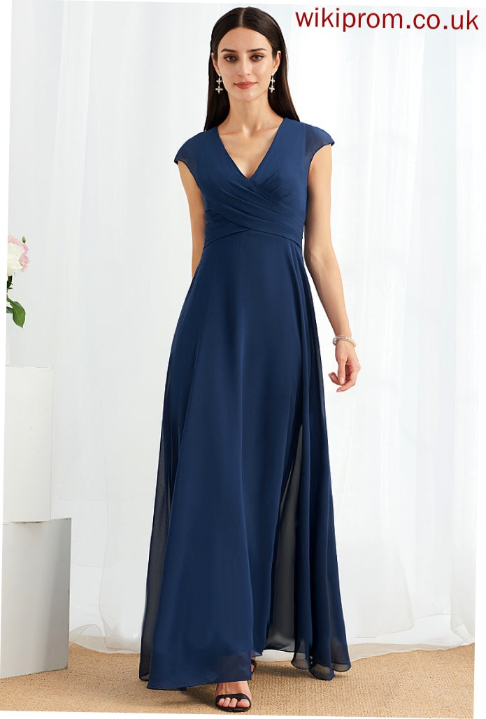 A-Line Ruffle Length Fabric V-neck Floor-Length Embellishment Silhouette Neckline Tia Natural Waist Sleeveless Bridesmaid Dresses