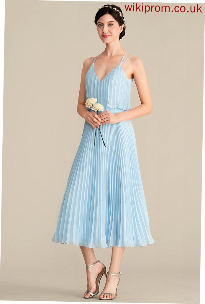 Dress Tea-Length Cocktail With V-neck Cocktail Dresses Janice Pleated A-Line Chiffon