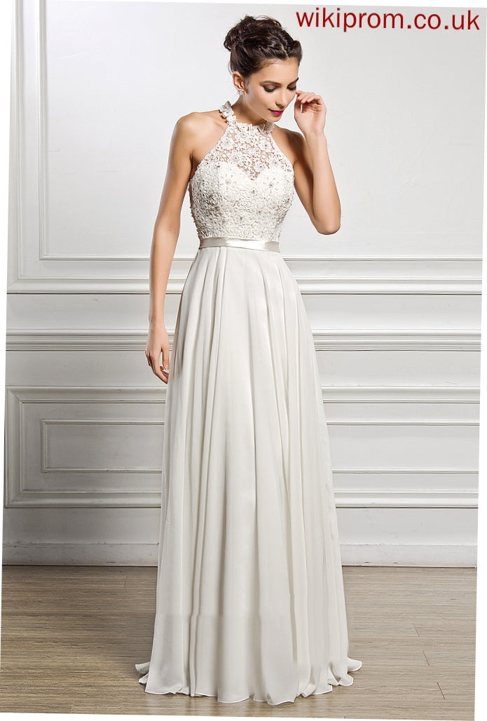 Beading Scoop Wedding Dresses Wedding Sequins Chiffon With Lace Dress Floor-Length A-Line Cecilia Neck