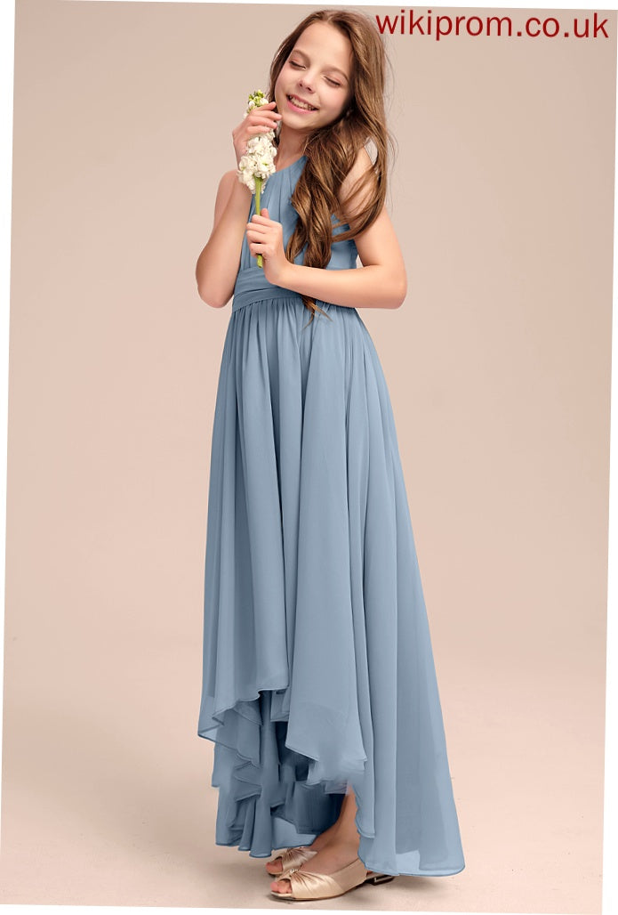 With Ruffle Frederica Junior Bridesmaid Dresses A-Line Bow(s) Neck Asymmetrical Chiffon Scoop