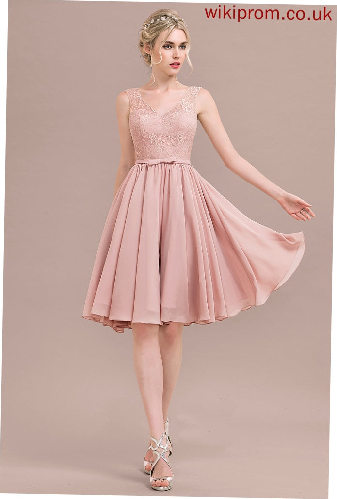 Lace Chiffon A-Line Yadira Homecoming Knee-Length Bow(s) Dress Lace V-neck Homecoming Dresses With