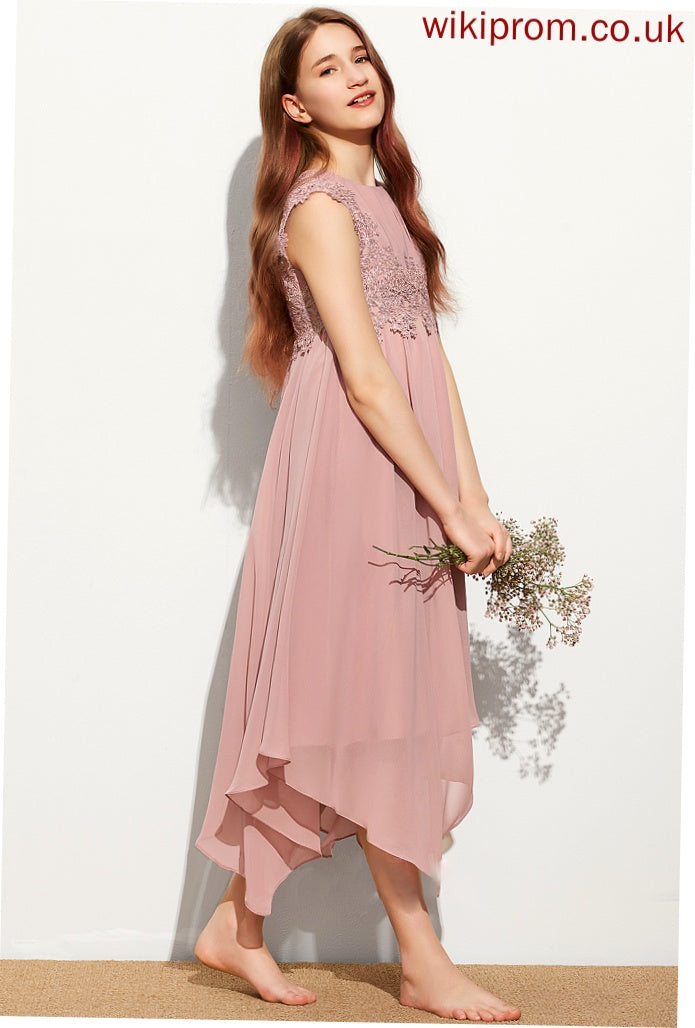 Junior Bridesmaid Dresses Tea-Length Helena Chiffon Lace A-Line Scoop Neck