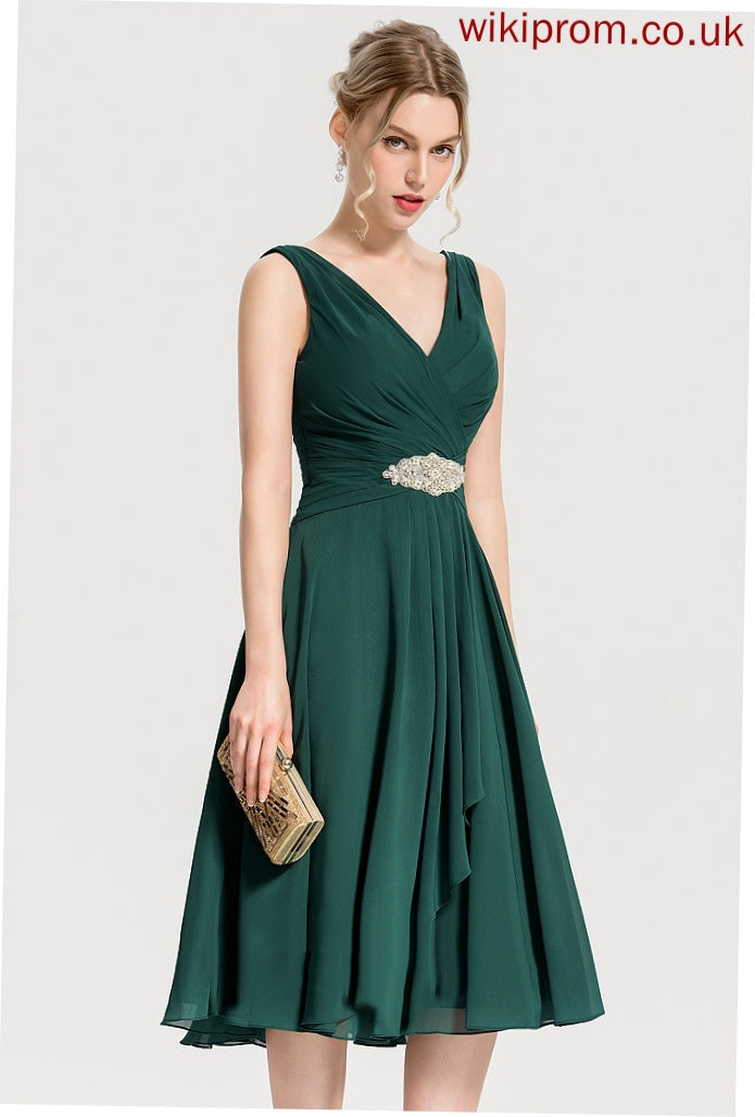 Knee-Length Kelsey A-Line With V-neck Chiffon Ruffles Cocktail Cascading Dress Beading Cocktail Dresses